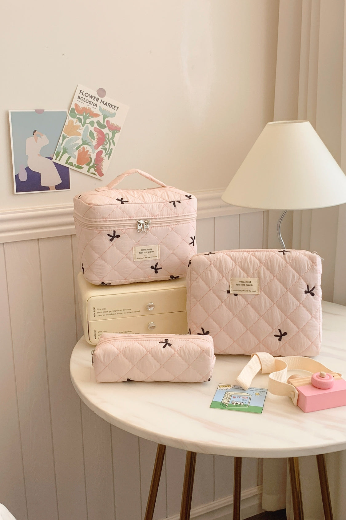 3 Piece Bow Quilted Storage Bag Set