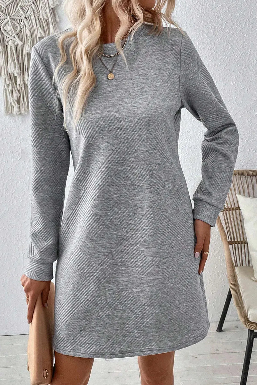 Textured Long Sleeve Mini Dress