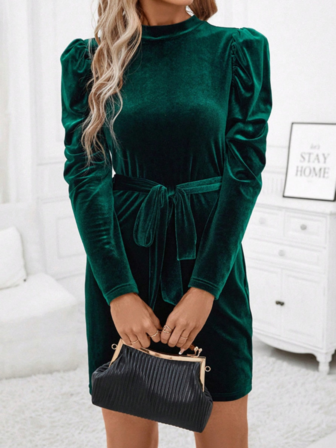 Emerald Puff Sleeve Tie Waist Mini Dress