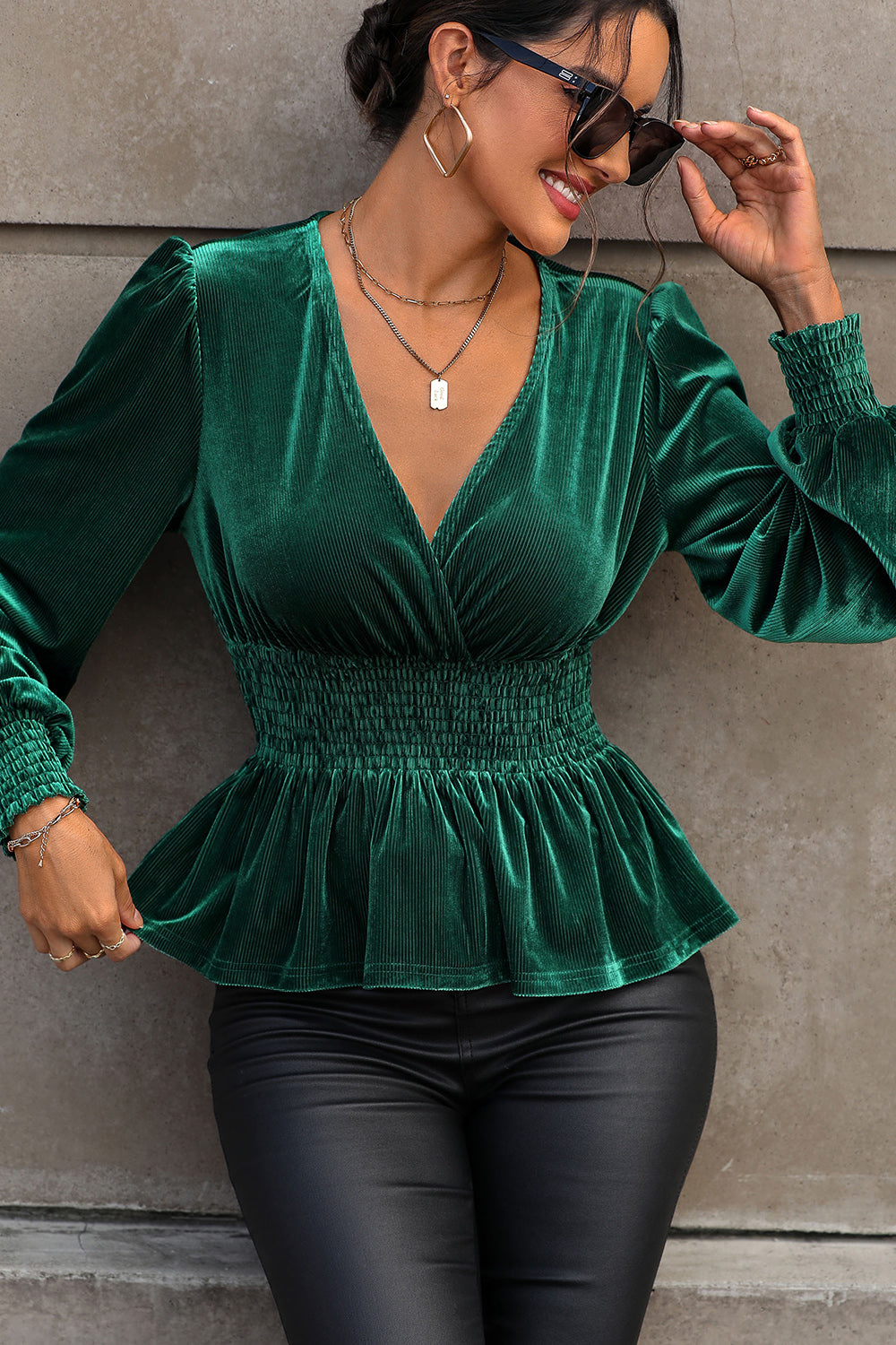 Dark Green Peplum Blouse