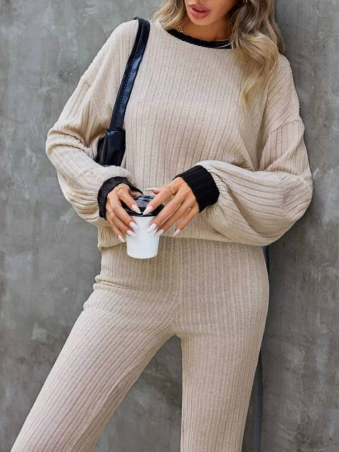 Contrast Long Sleeve Top and Bootcut Pants Set