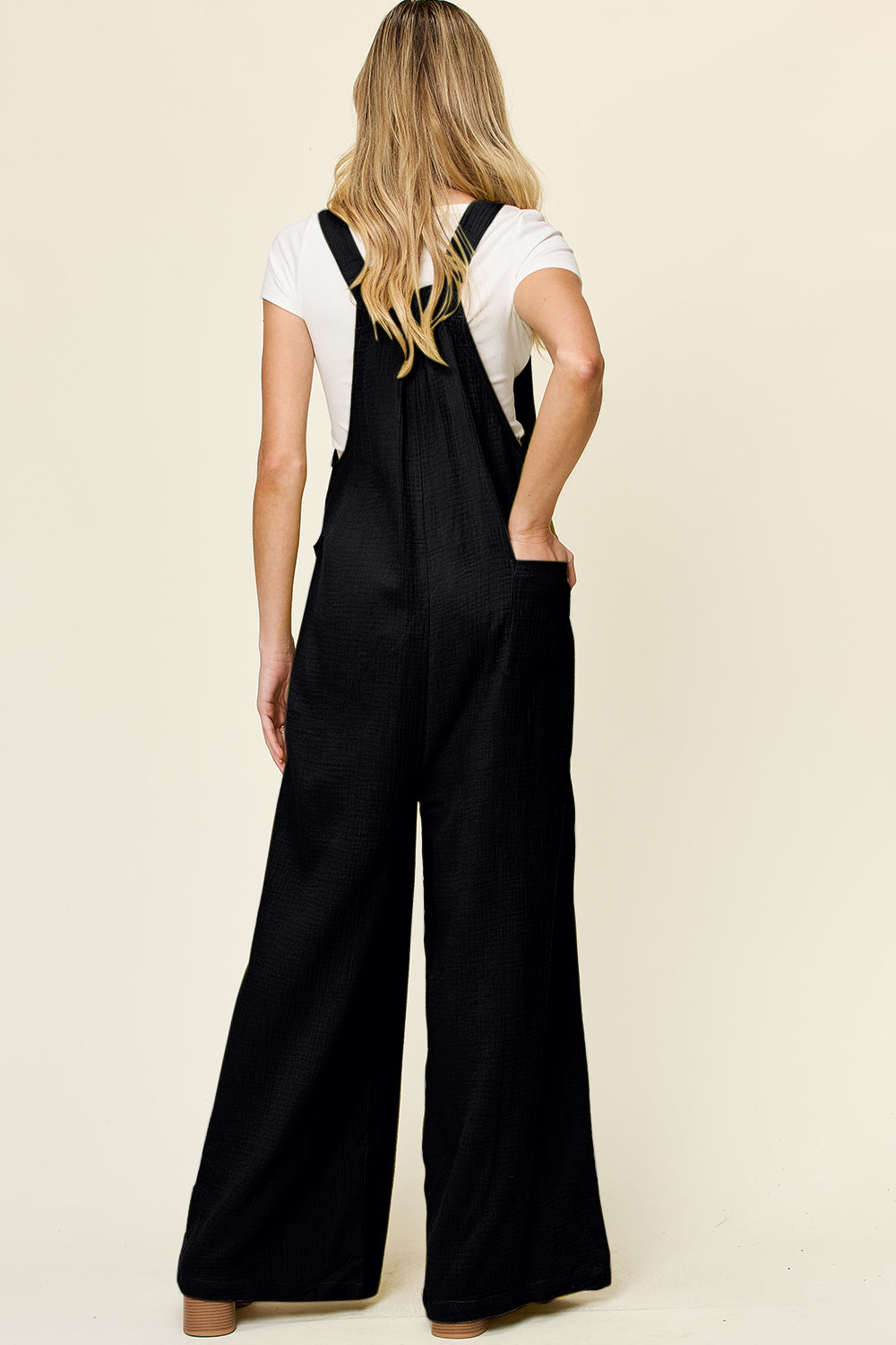 Textured Black Overalls with Wide Leg