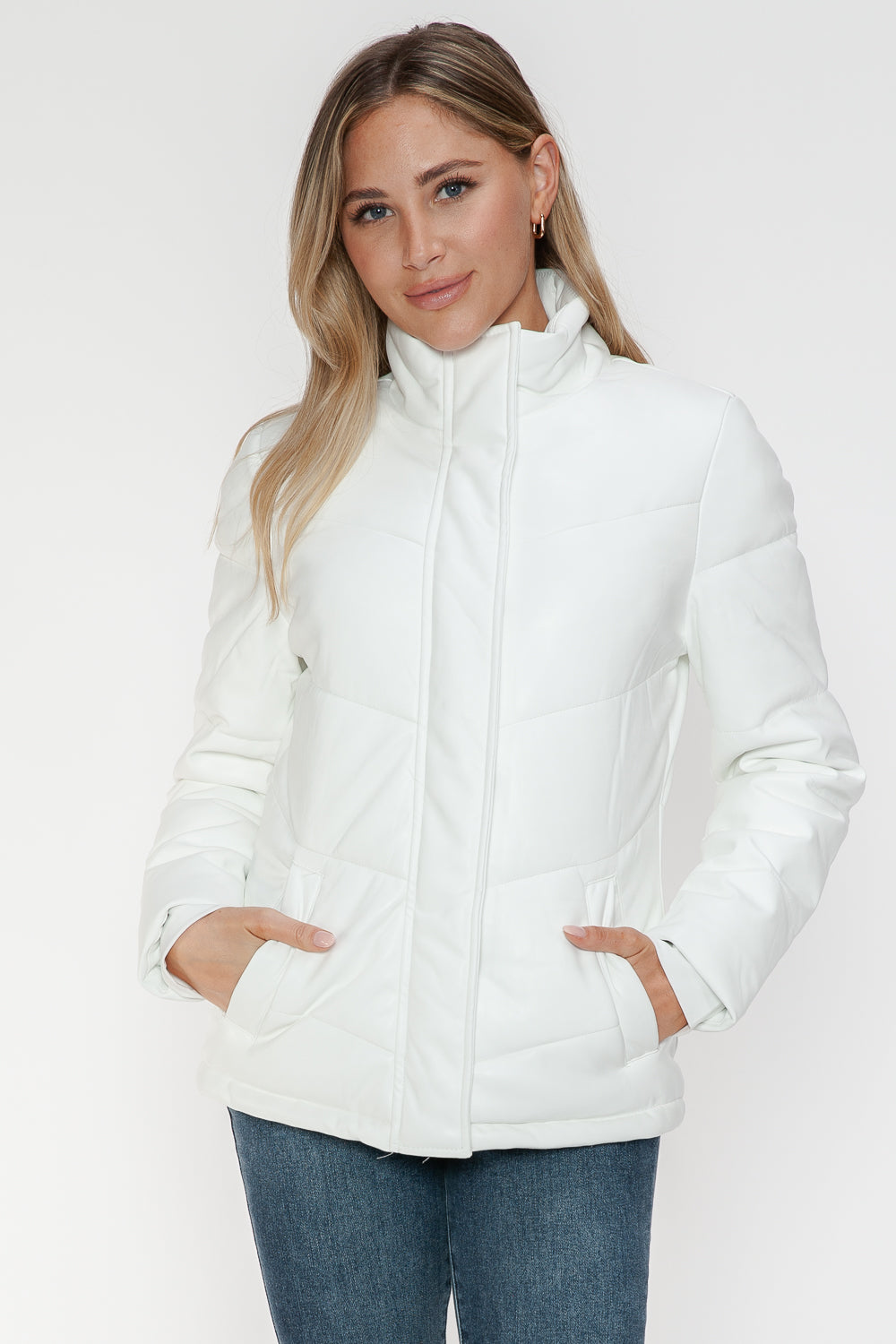 White Pocketed Zip Up Turtleneck Puffer Jacket