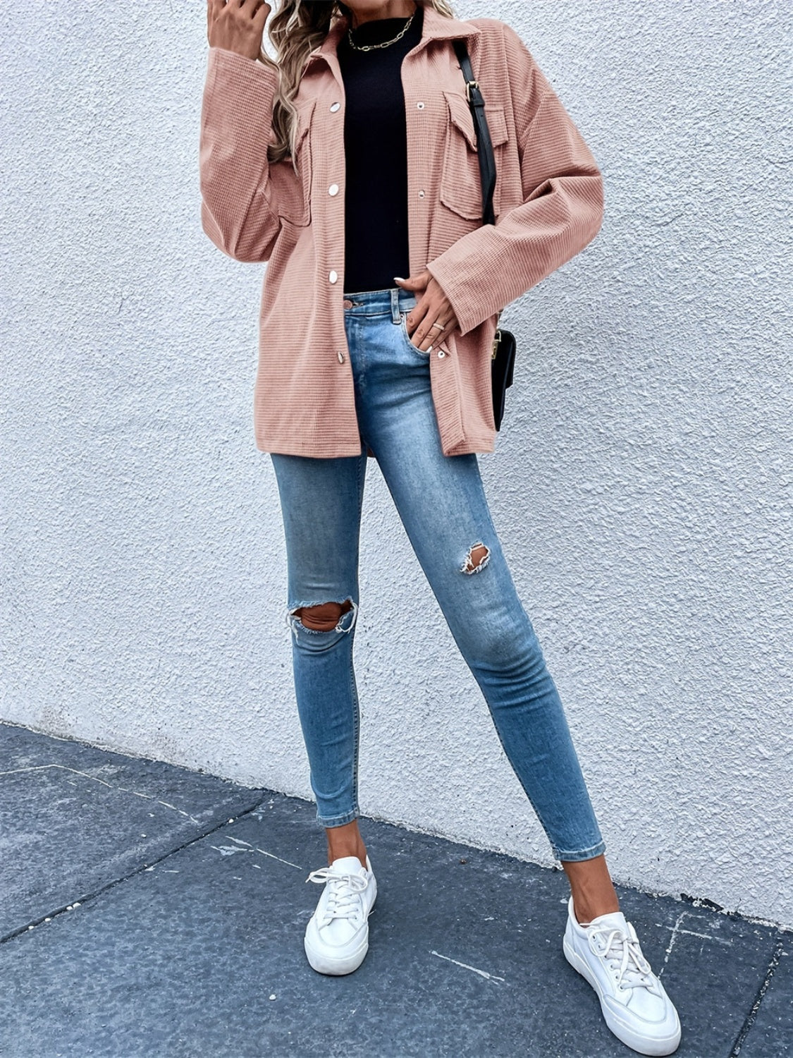 Dusty Pink Pocketed Snap Down Dropped Shoulder Jacket