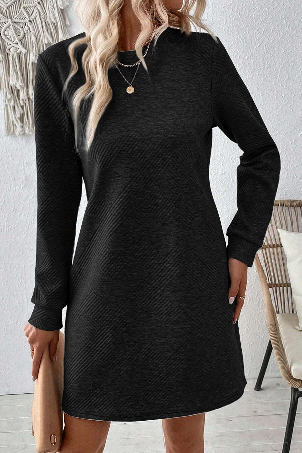 Textured Long Sleeve Mini Dress