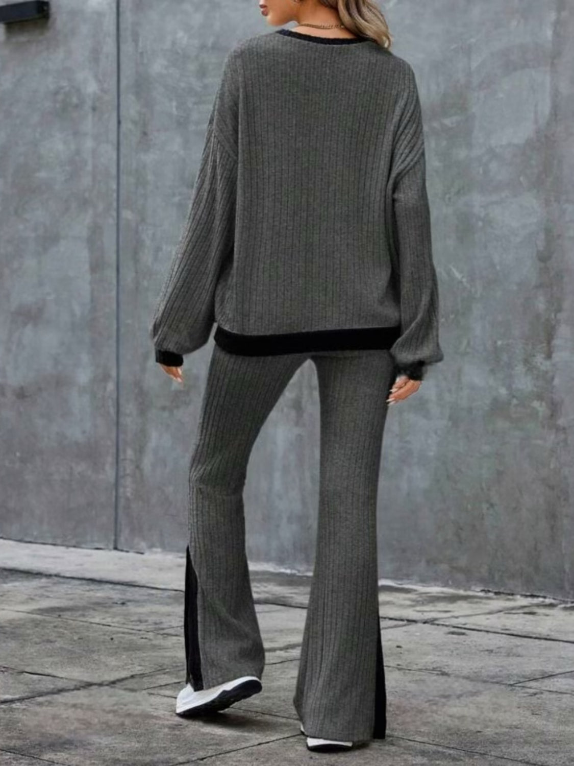 Contrast Long Sleeve Top and Bootcut Pants Set