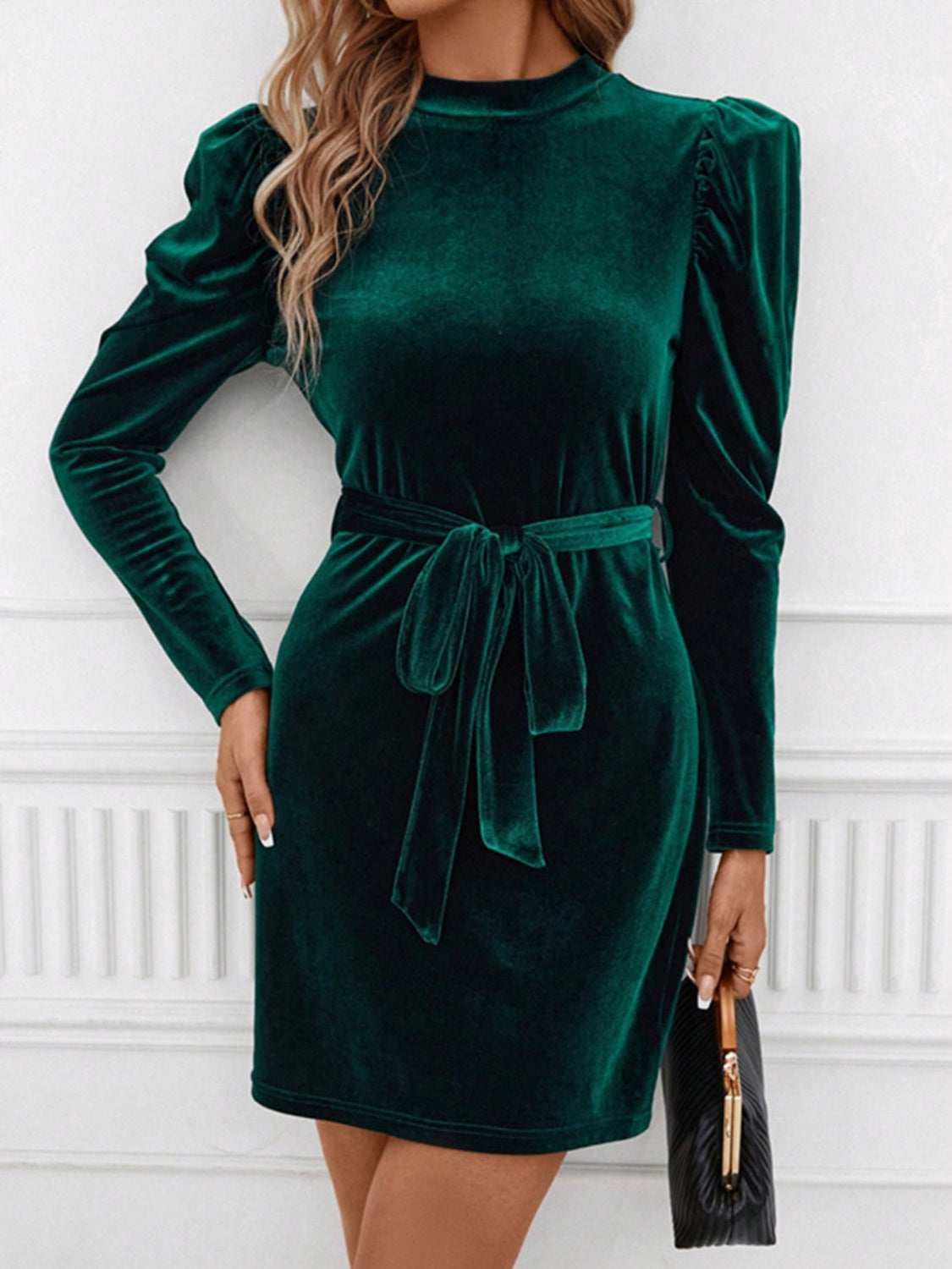 Emerald Puff Sleeve Tie Waist Mini Dress