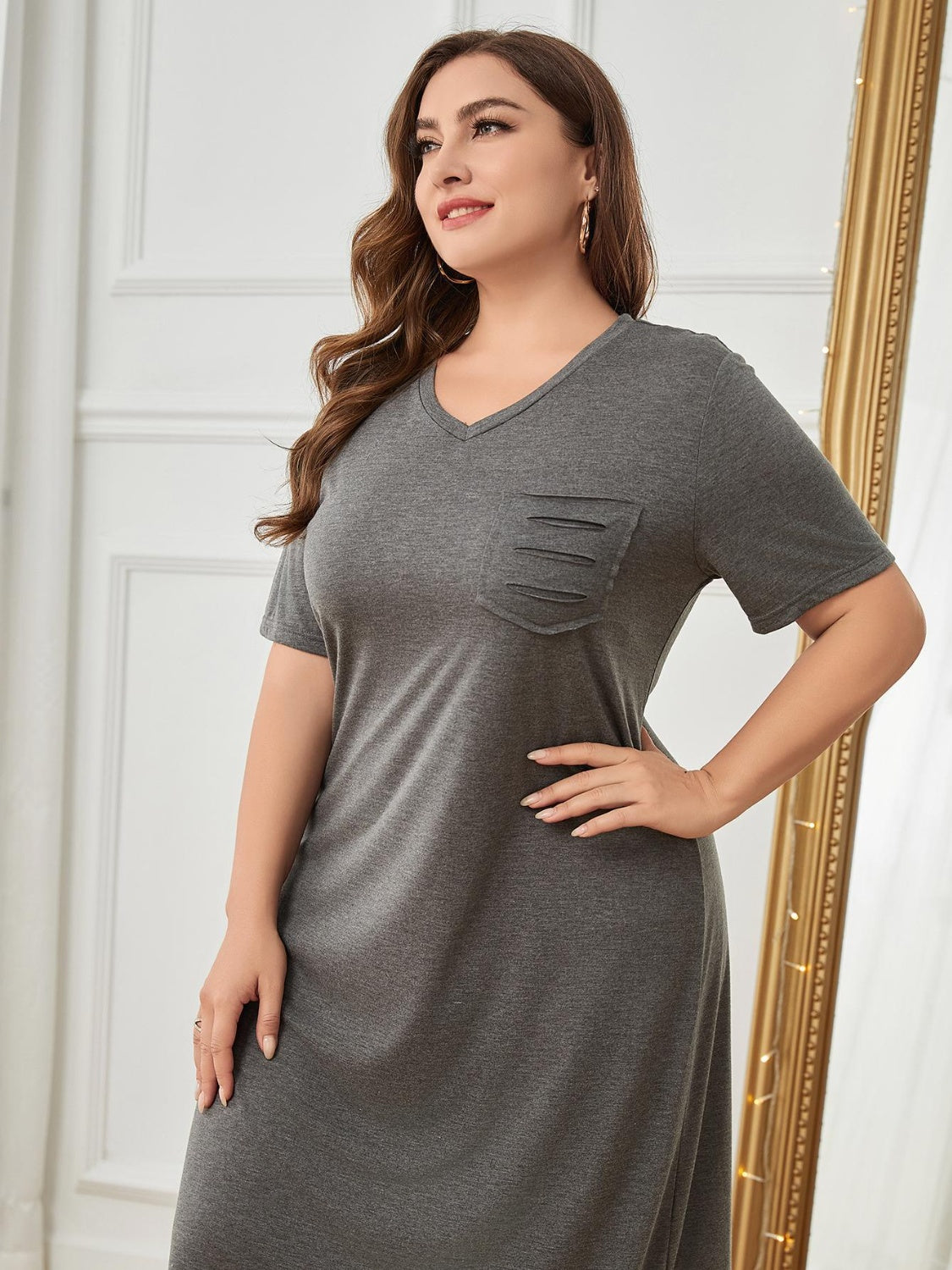 Plus Size Pocketed V-Neck Lounge Dress