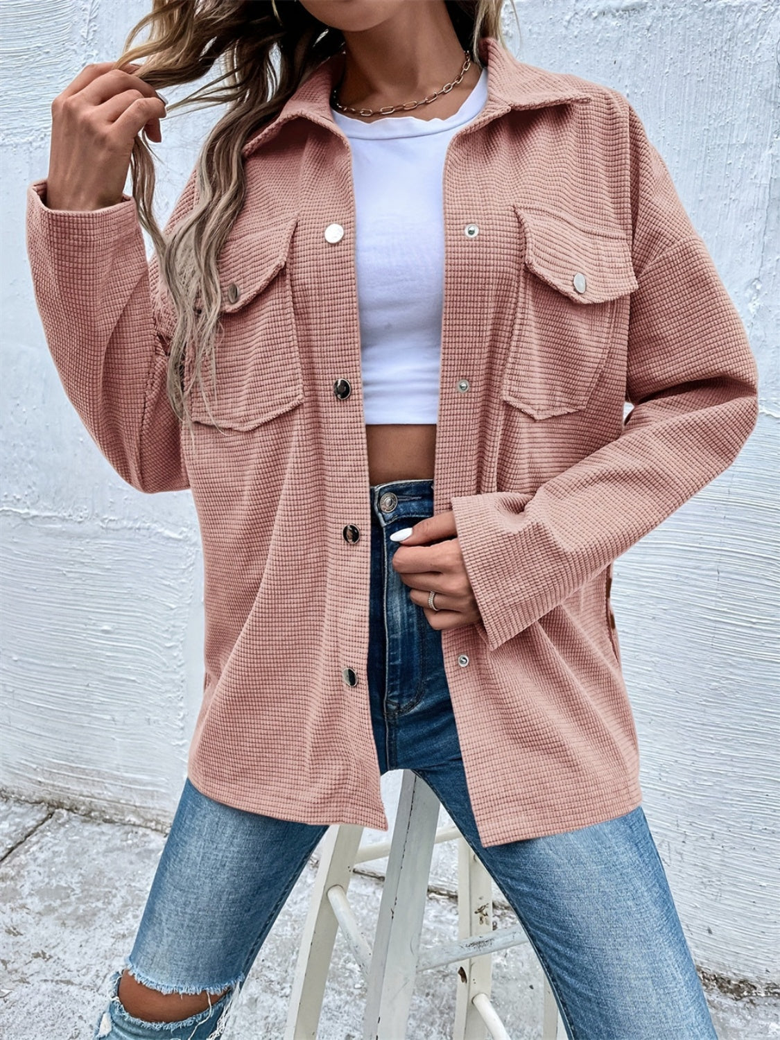 Dusty Pink Pocketed Snap Down Dropped Shoulder Jacket