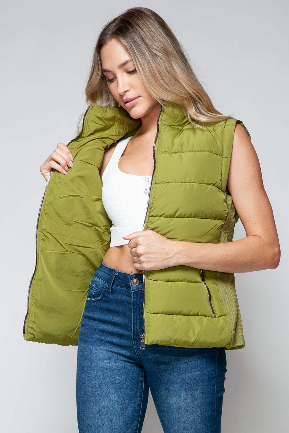 Lime Green Zip Up Turtleneck Vest with Pockets