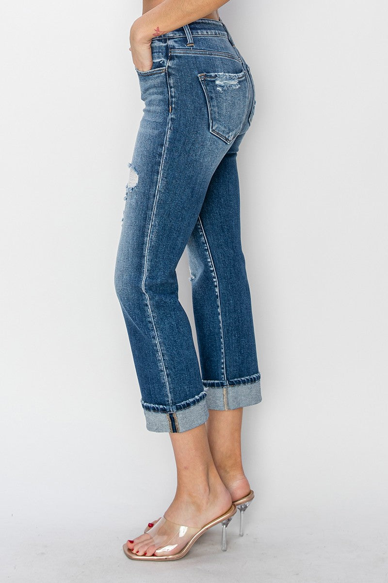 RISEN Cuffed Ankle Distressed Straight Jeans