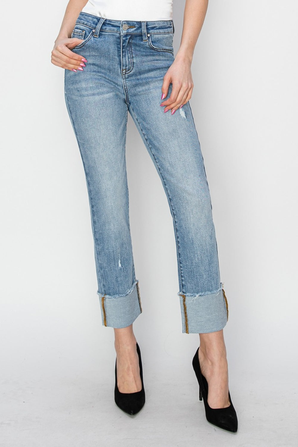 RISEN High Rise Cuffed Slim Straight Jeans