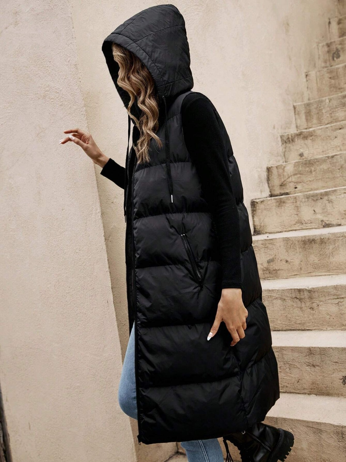 Puffy Drawstring Zip Up Hooded Vest Coat