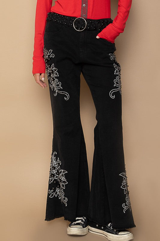 POL Black Raw Hem Embroidered Flare Pants