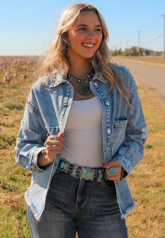 Studded Acid Wash Denim Jacket