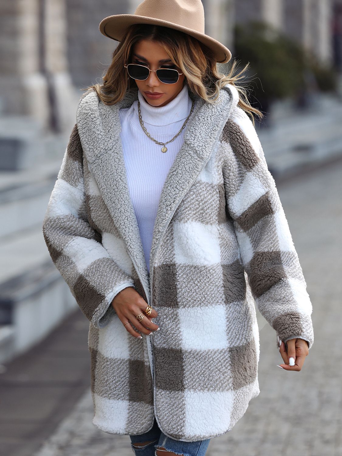 Charcoal Plaid Hooded Coat