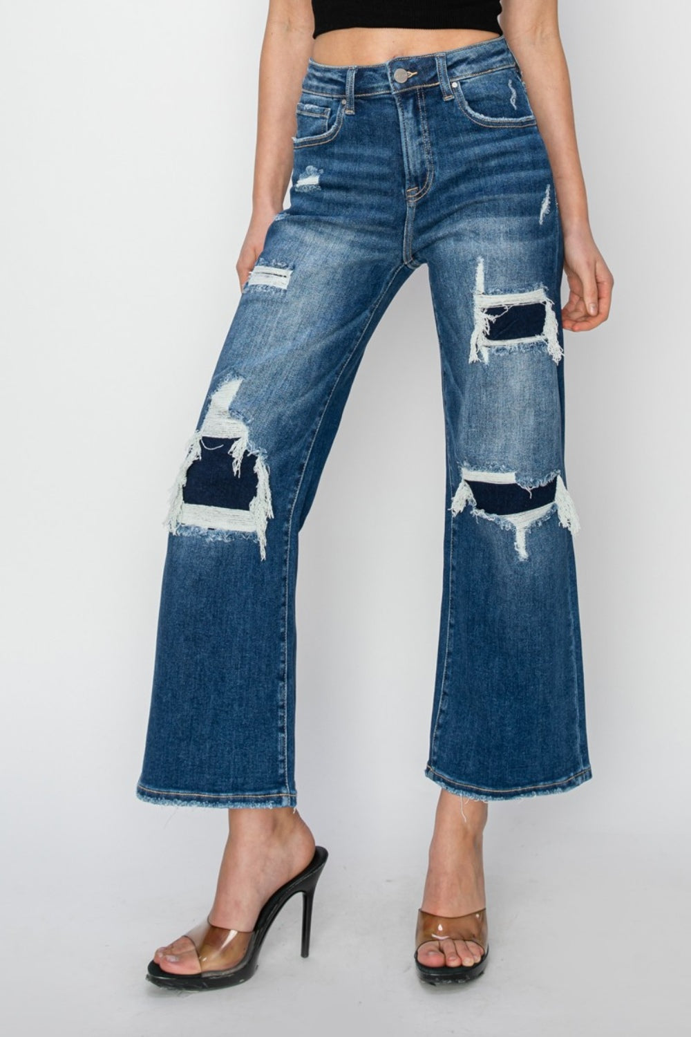 Risen High Rise Patch Wide Leg Crop Jeans