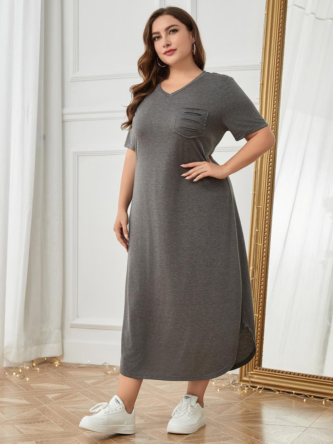 Plus Size Pocketed V-Neck Lounge Dress