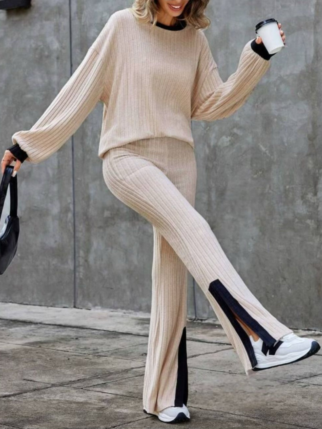 Contrast Long Sleeve Top and Bootcut Pants Set