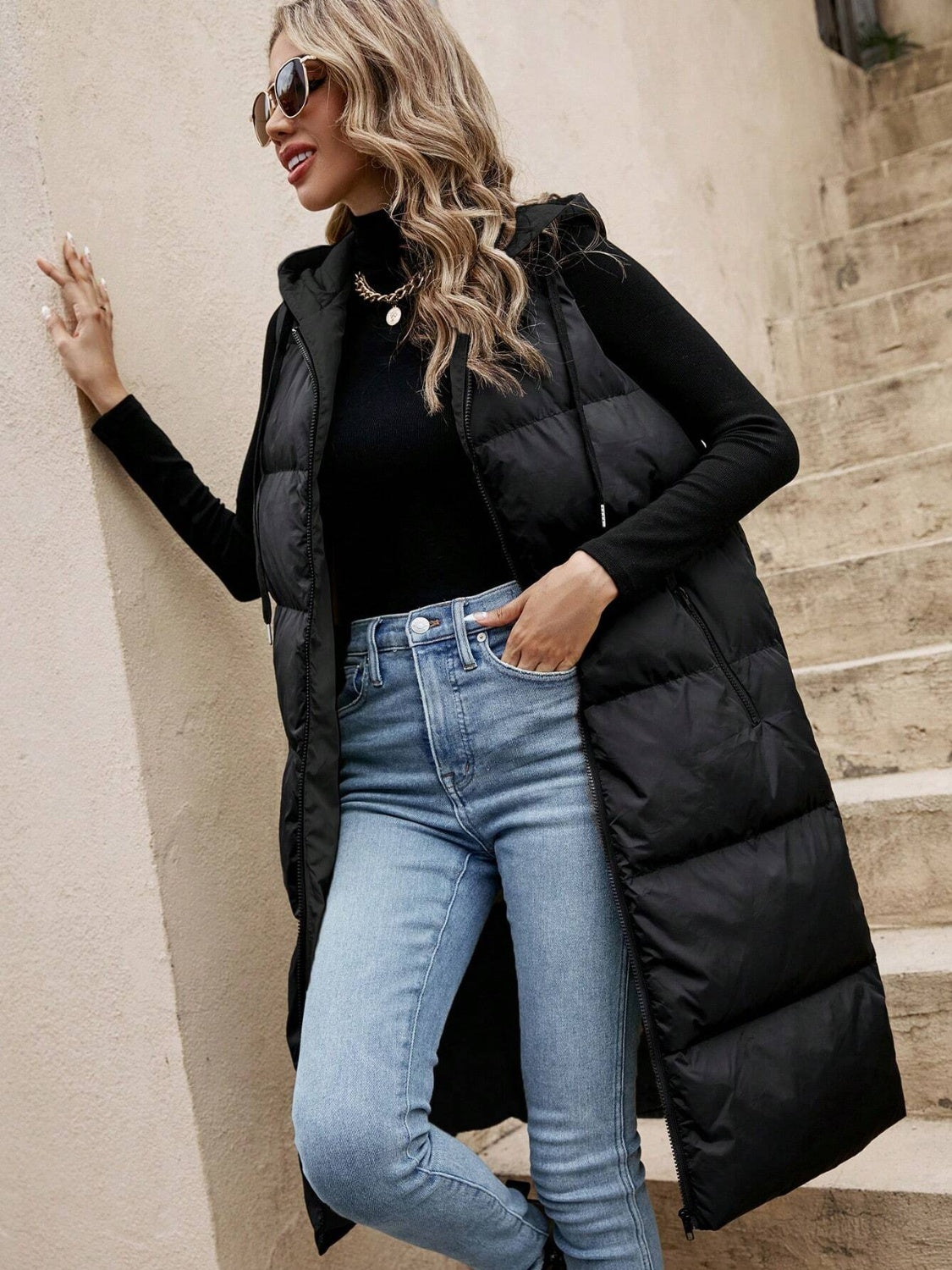 Puffy Drawstring Zip Up Hooded Vest Coat