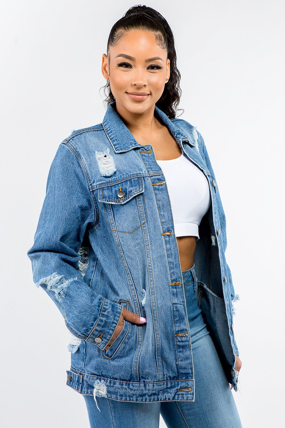 American Bazi Button Up Distressed Denim Jacket