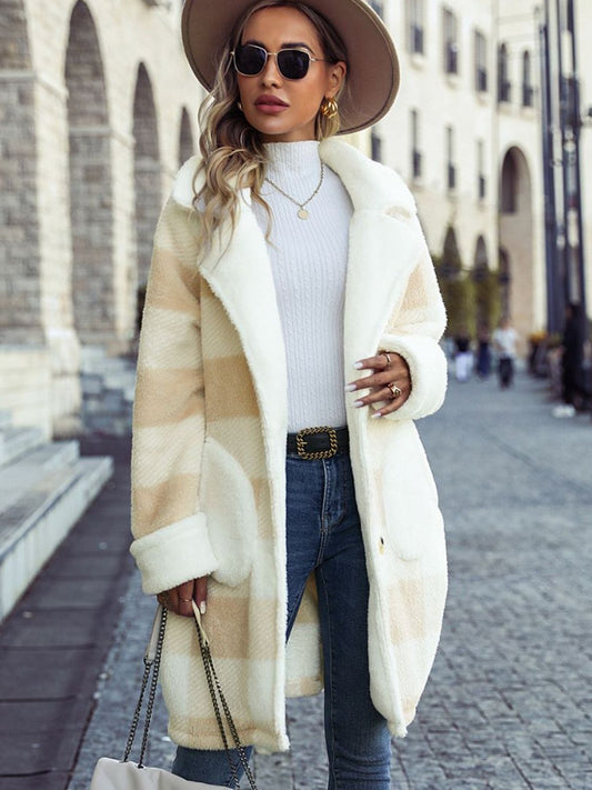 Beige Checkered Plaid Coat with Pockets