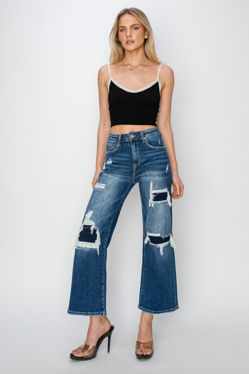 Risen High Rise Patch Wide Leg Crop Jeans