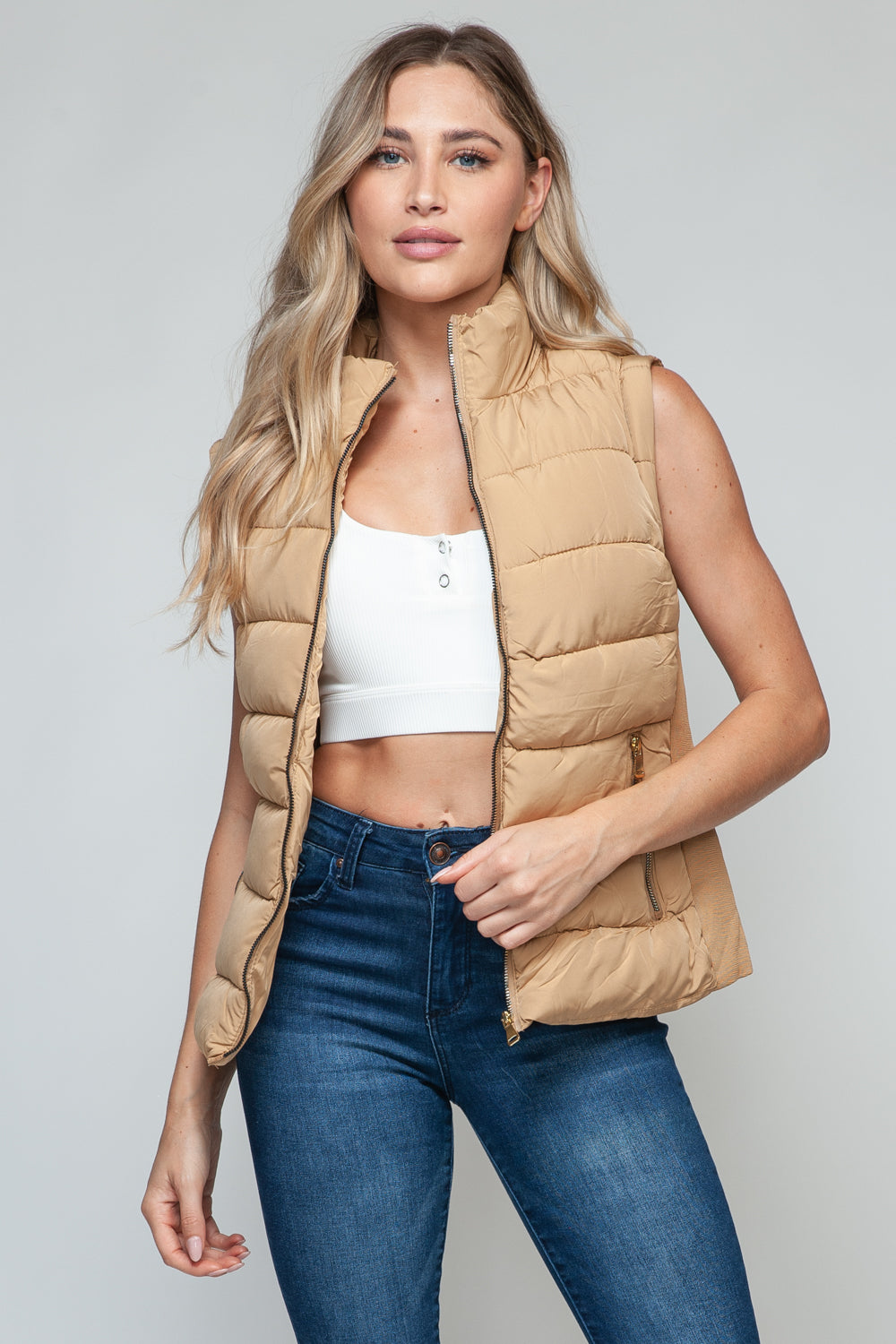 Tan Zip Up Turtleneck Vest with Pockets