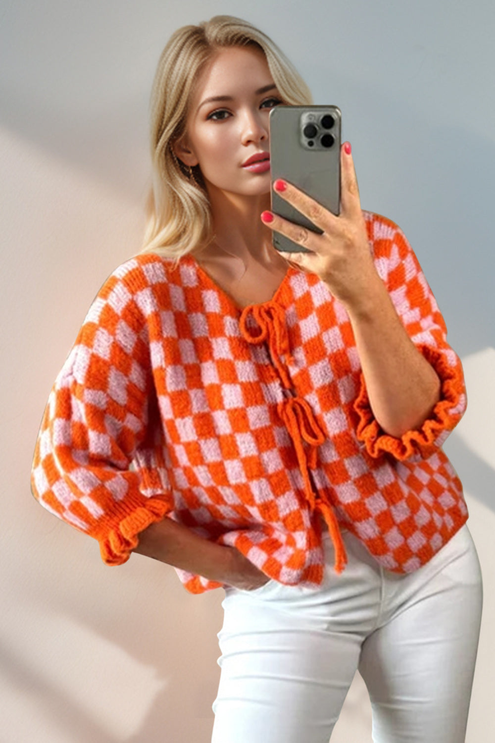 Checkered Flounce Sleeve Cardigan