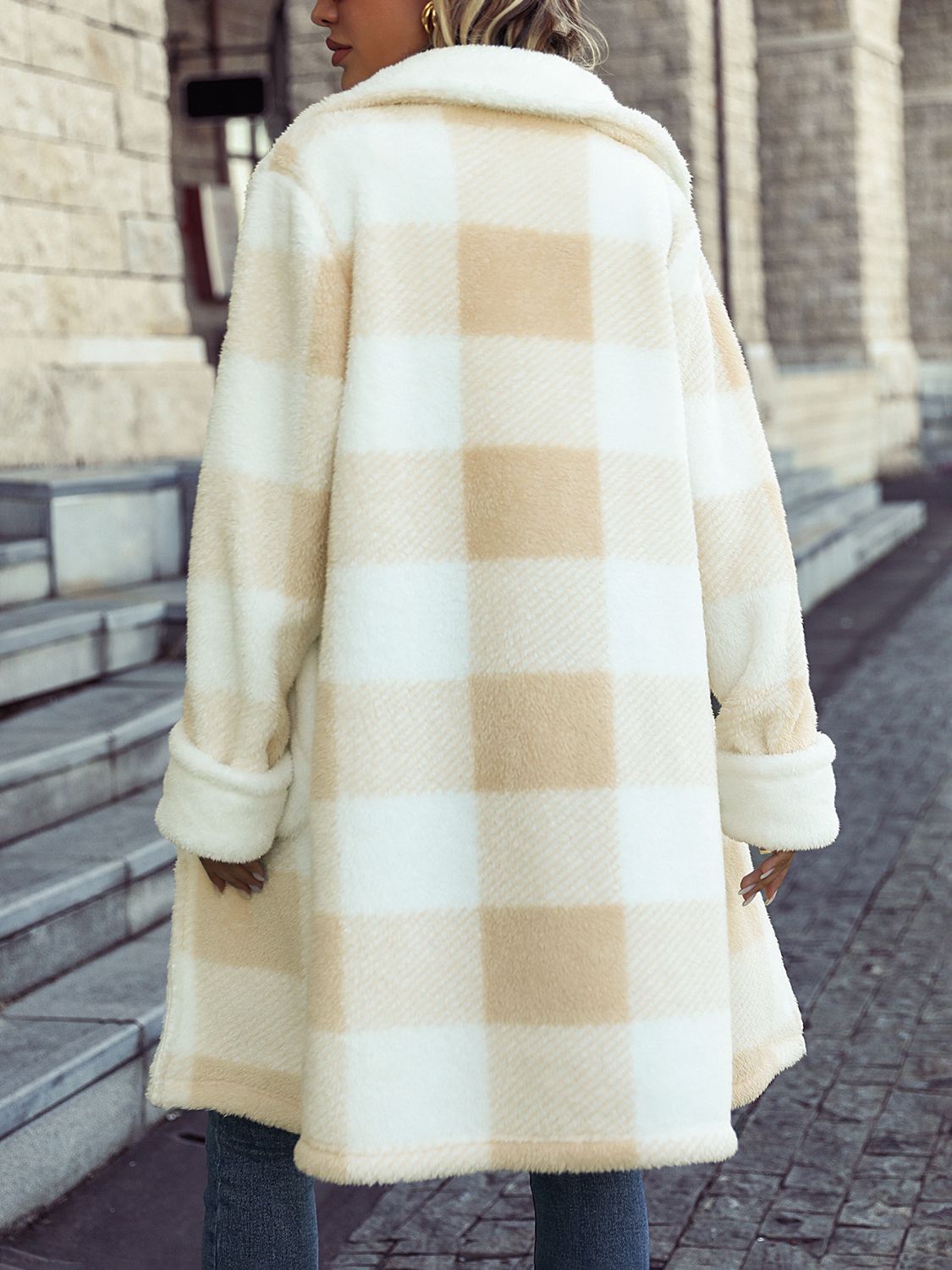 Beige Checkered Plaid Coat with Pockets