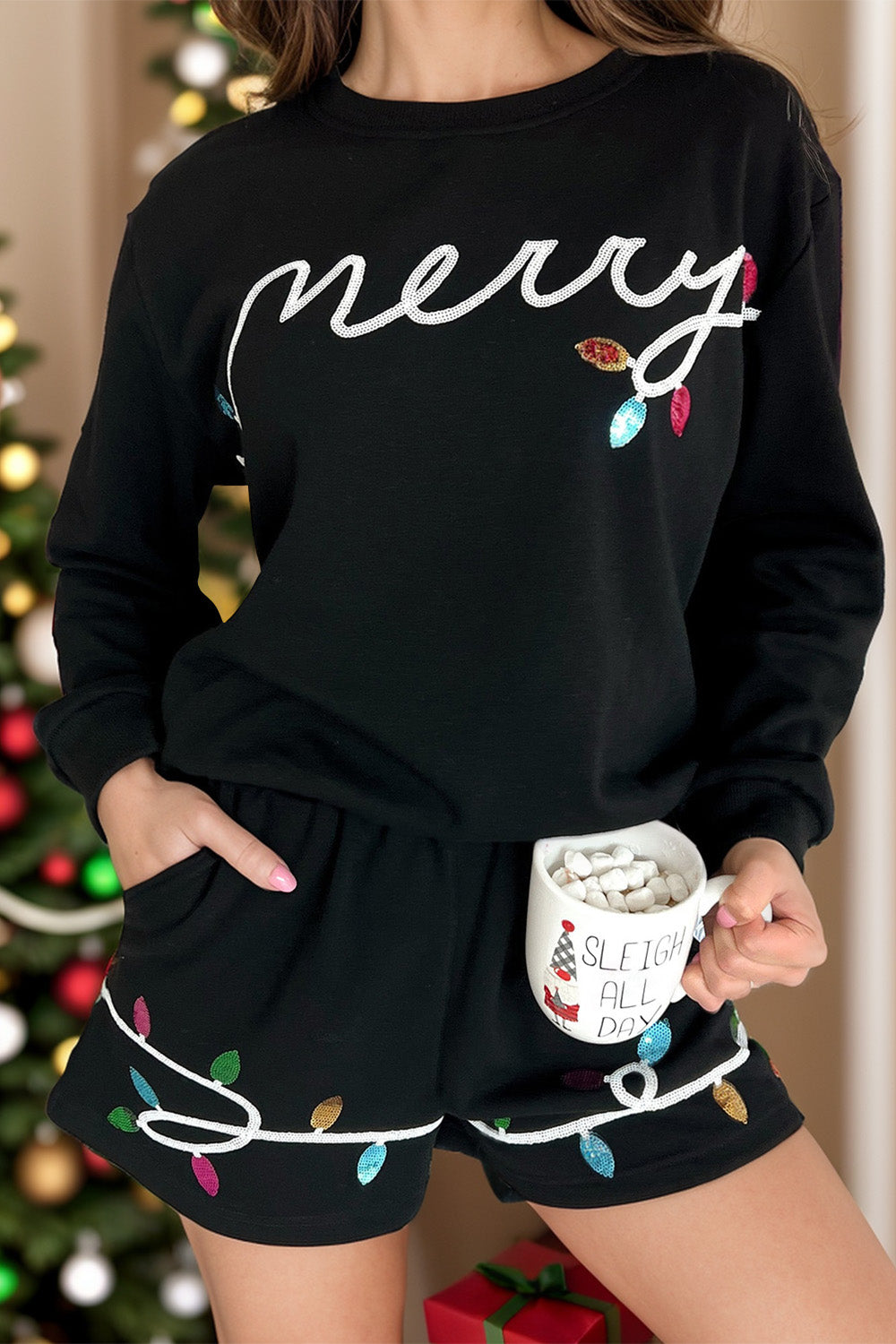 Merry Lights Sequin Long Sleeve Top and Shorts Set