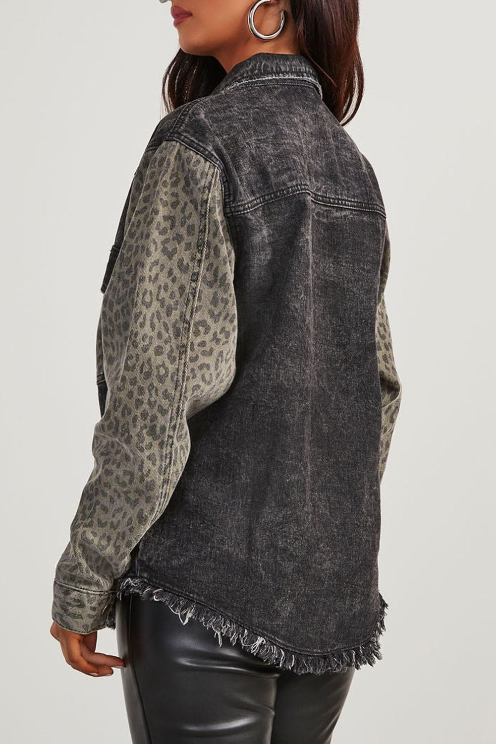 Leopard Raw Hem Snap Down Denim Jacket