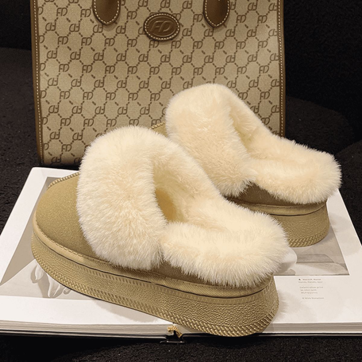 Suede Faux Fur Platform Slippers