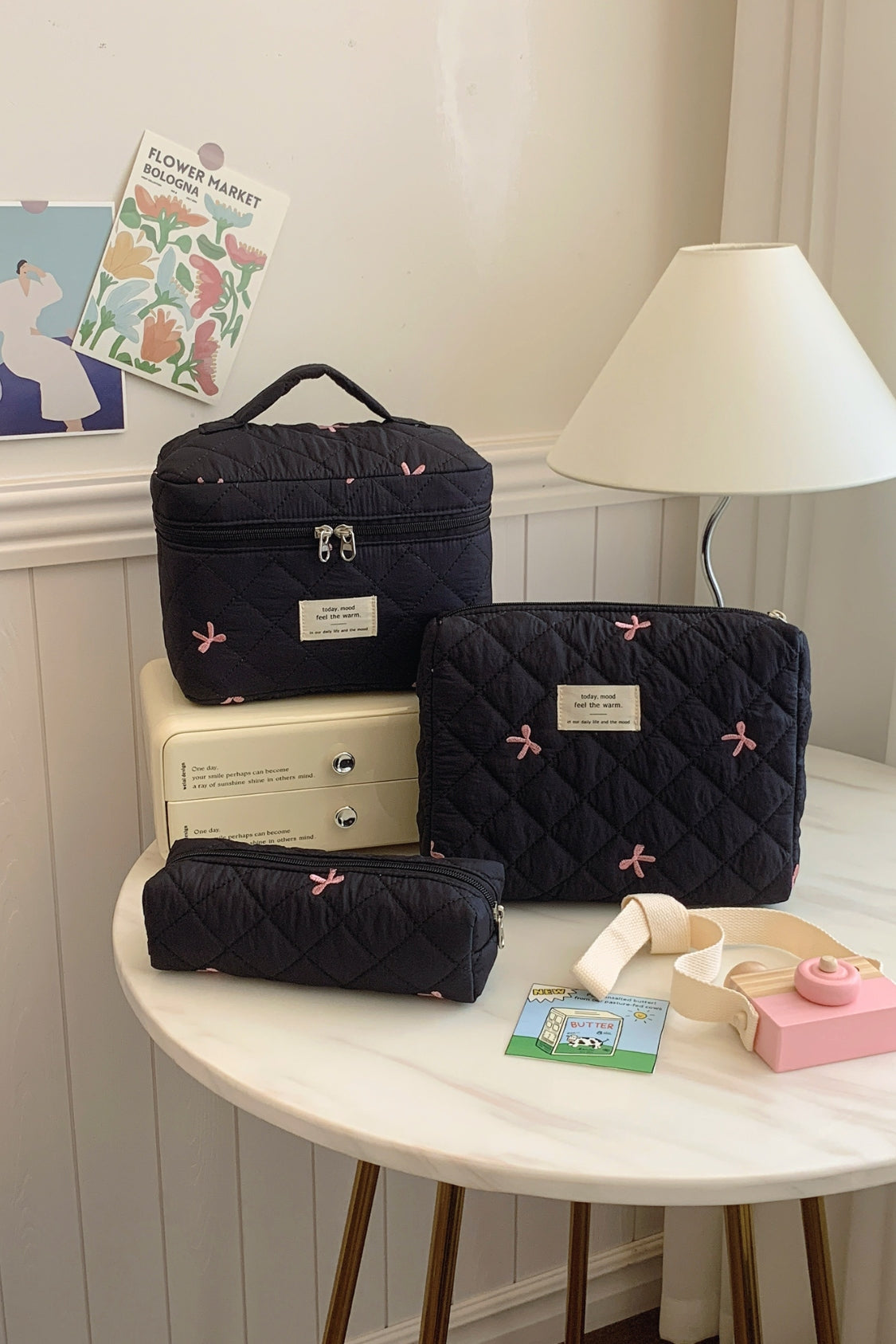 3 Piece Bow Quilted Storage Bag Set