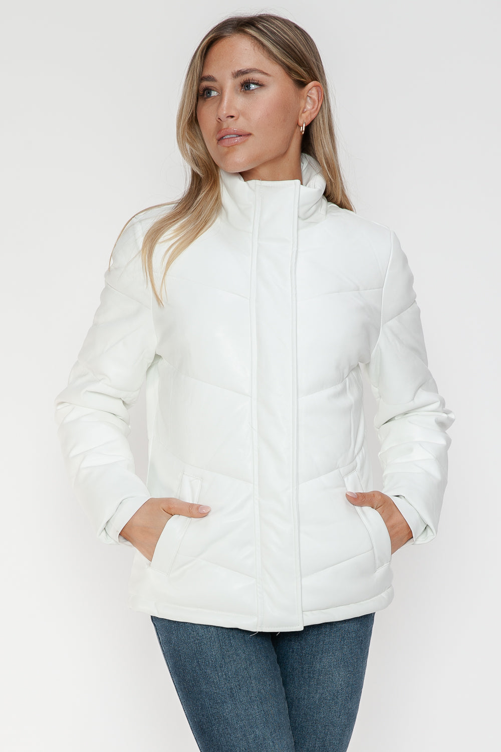 White Pocketed Zip Up Turtleneck Puffer Jacket