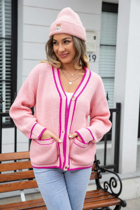 Waffle Knit V-Neck Cardigan with Pockets