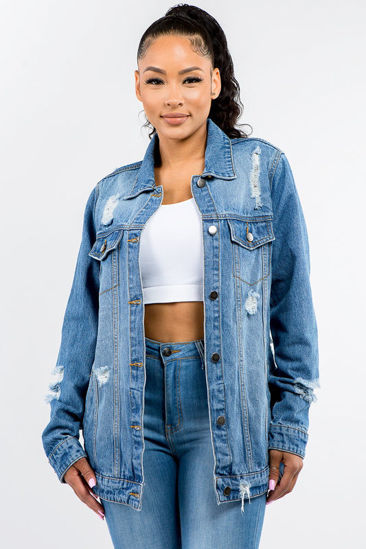 American Bazi Button Up Distressed Denim Jacket