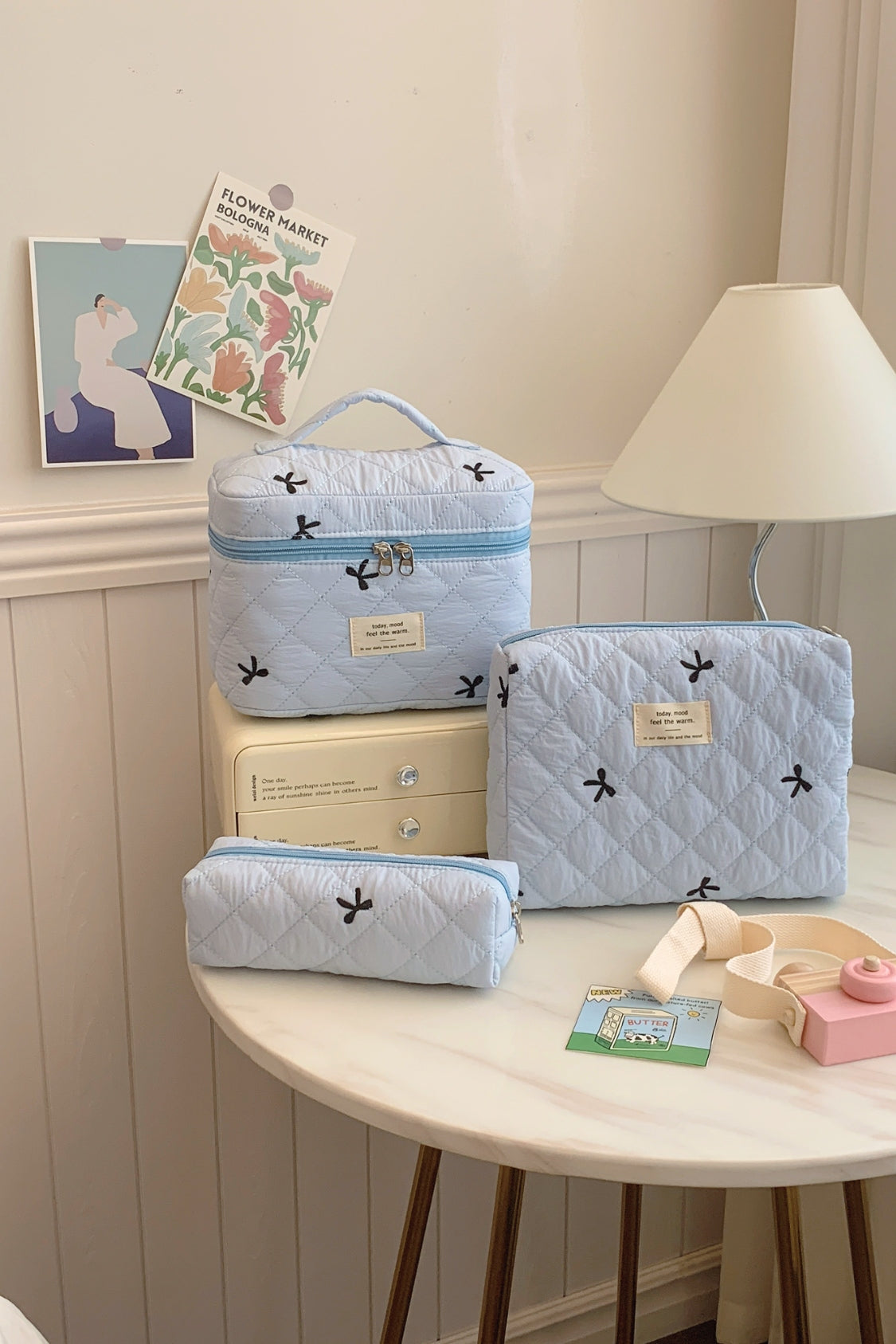 3 Piece Bow Quilted Storage Bag Set