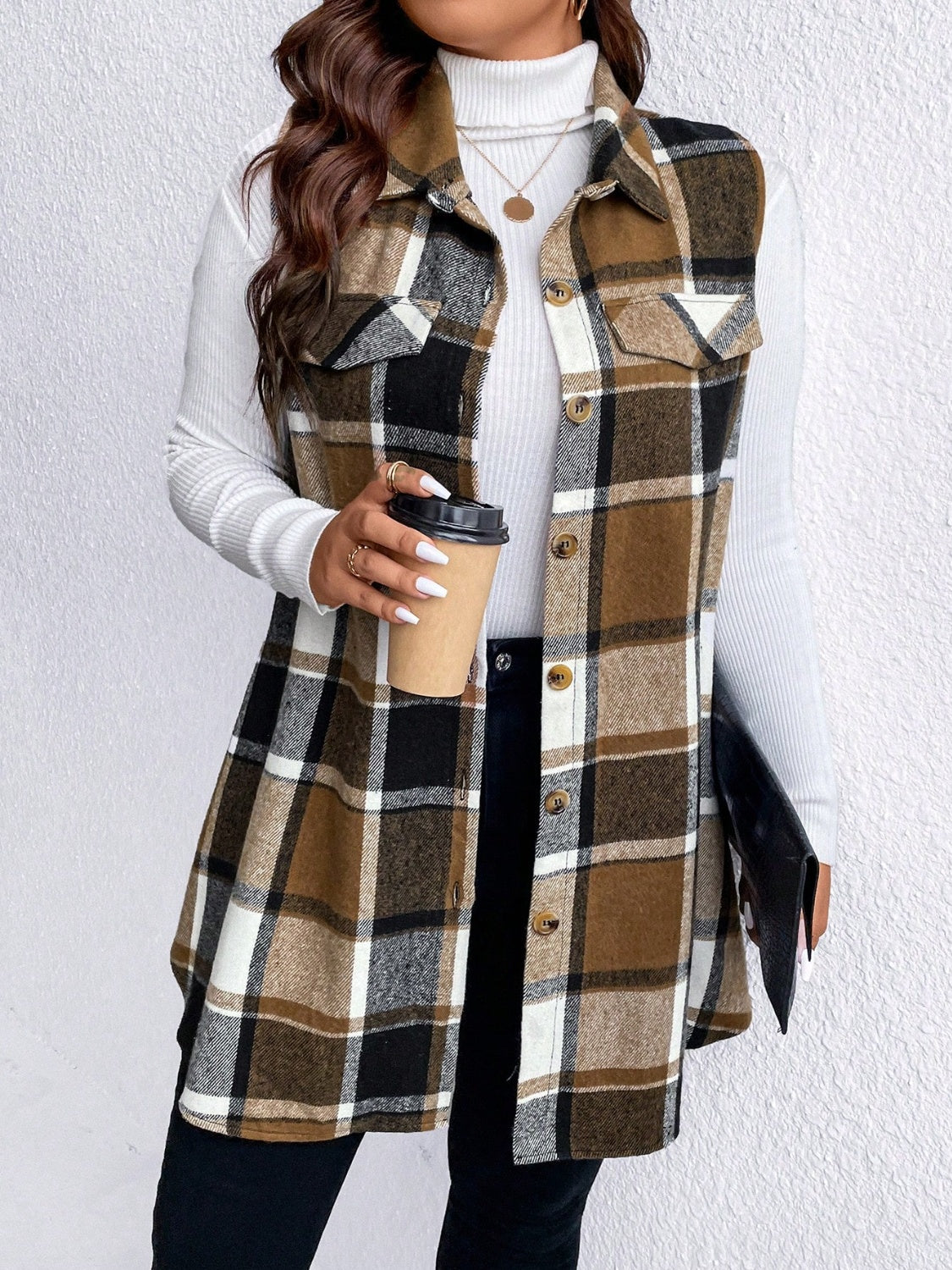 Plus Size Pocketed Plaid Button Up Vest Coat