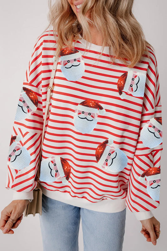 Candy Cane Striped Sequin Santa Long Sleeve Sweatshirt