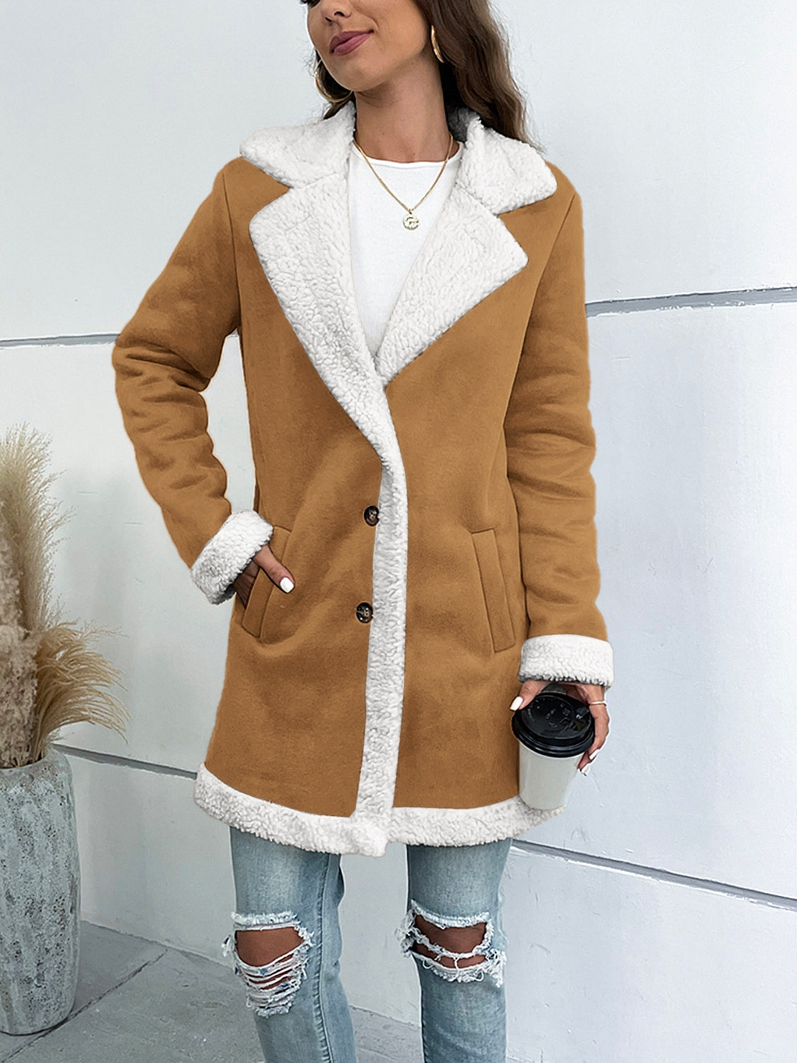 Sherpa Lapel Collar Buttoned Coat