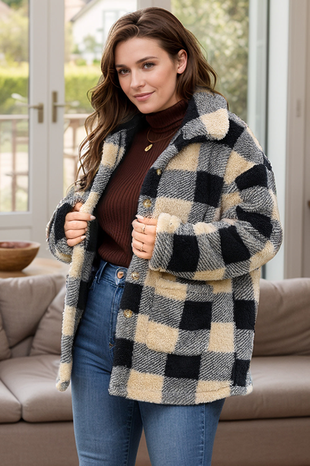 Plus Size Plaid Button Up Coat