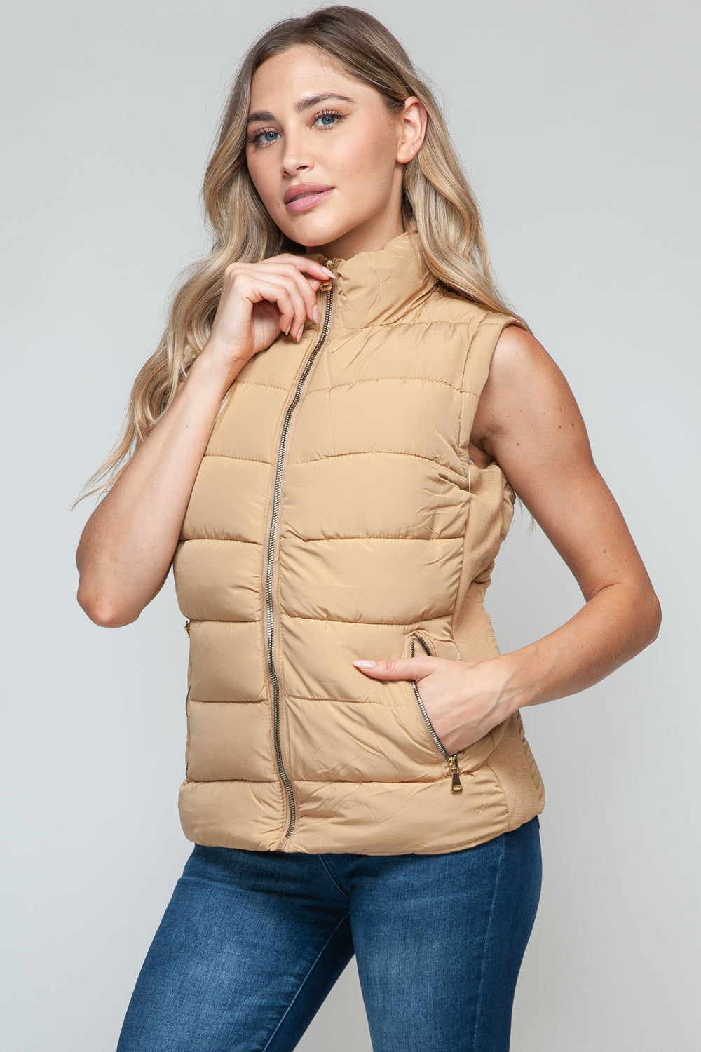 Tan Zip Up Turtleneck Vest with Pockets