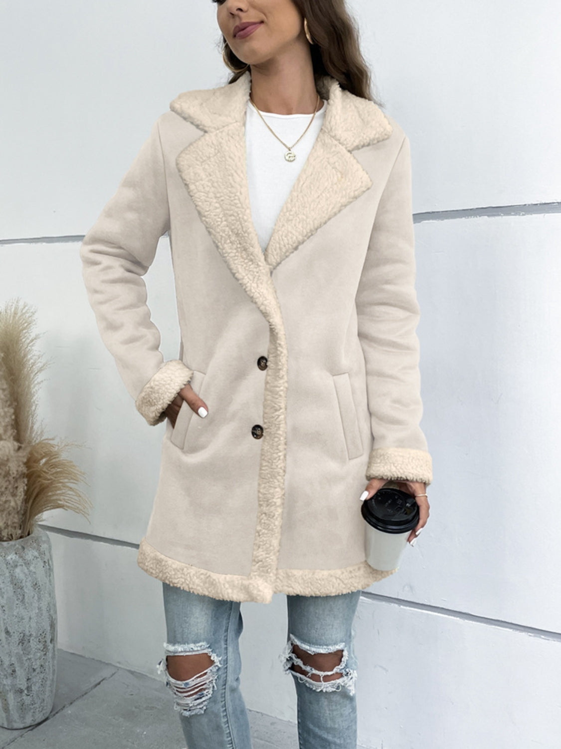 Sherpa Lapel Collar Buttoned Coat