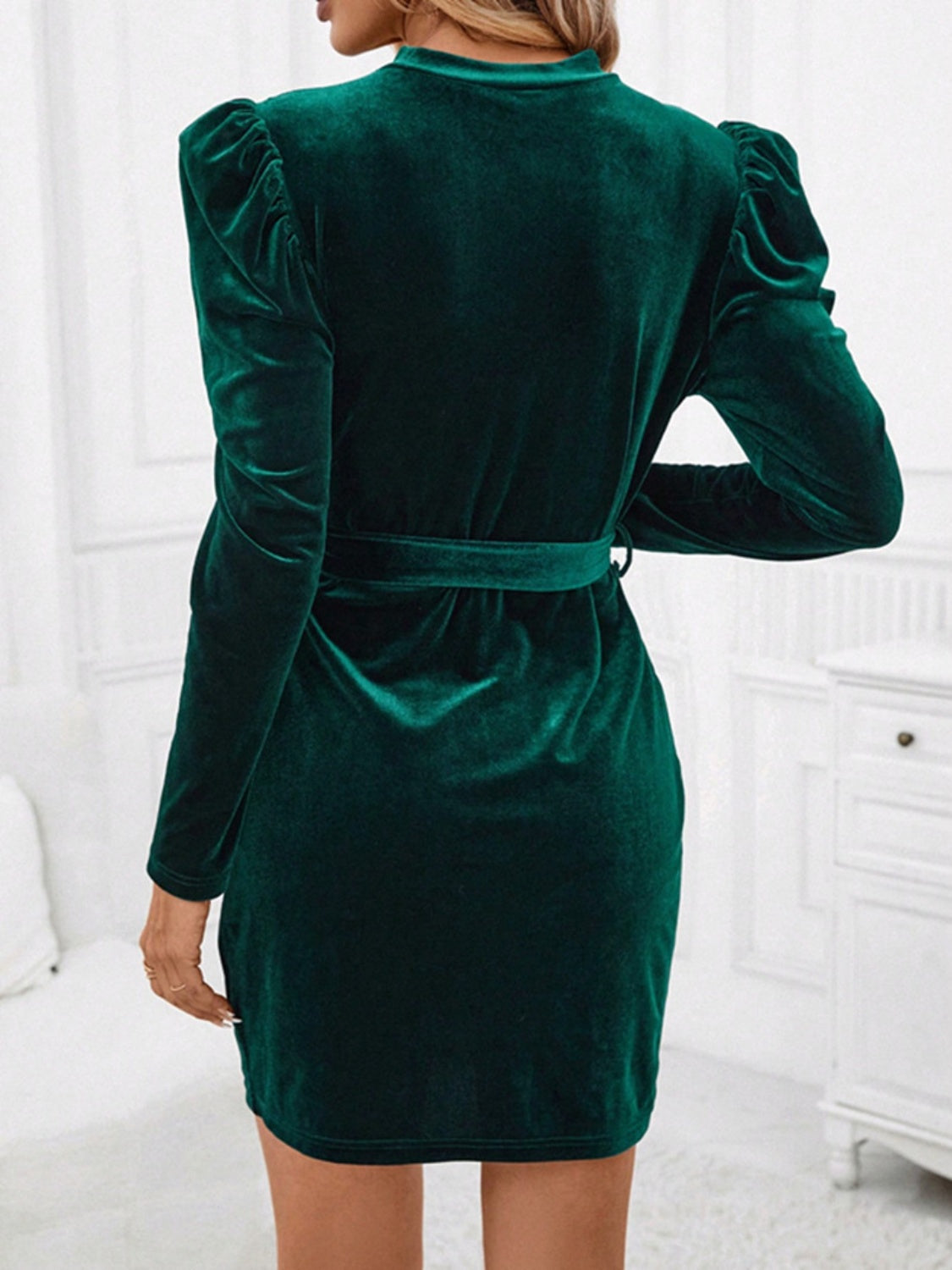 Emerald Puff Sleeve Tie Waist Mini Dress