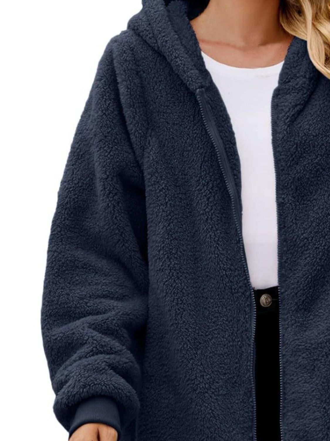 Fuzzy Pocketed Zip Up Hooded Jacket