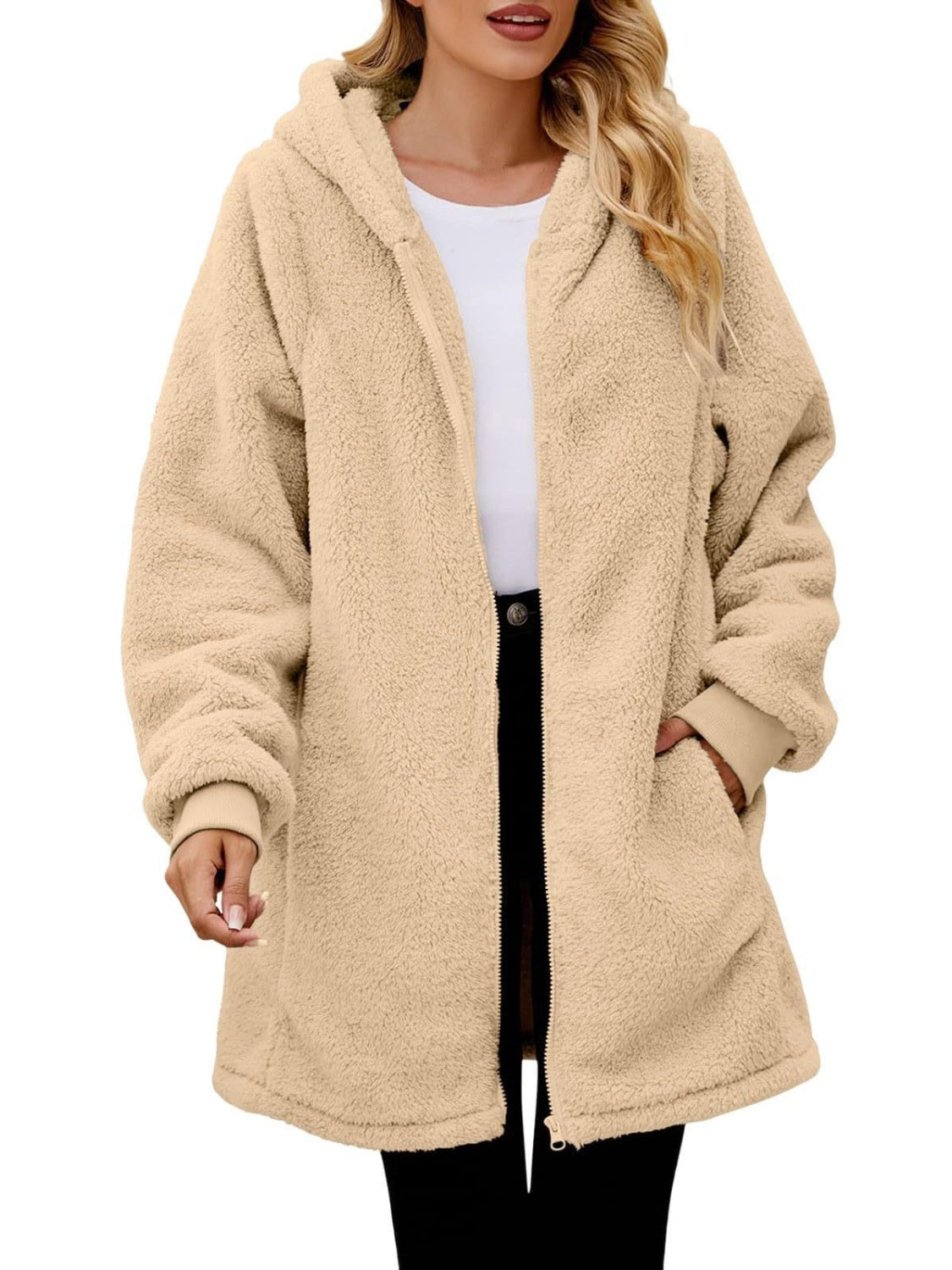 Fuzzy Pocketed Zip Up Hooded Jacket